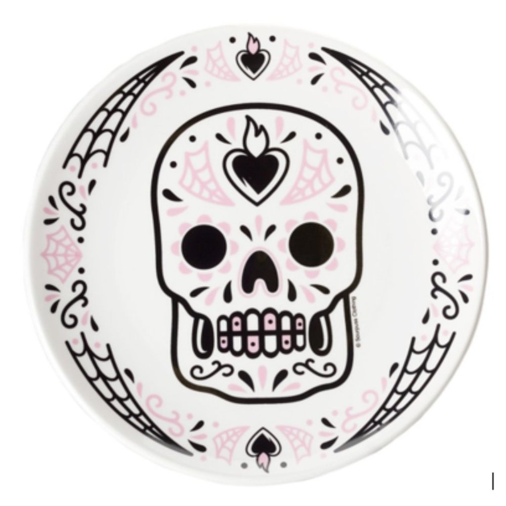 4 PACK Pink Dia Muertos Sugar Skull 9” Dinner Plate Porcelain Halloween Goth NEW